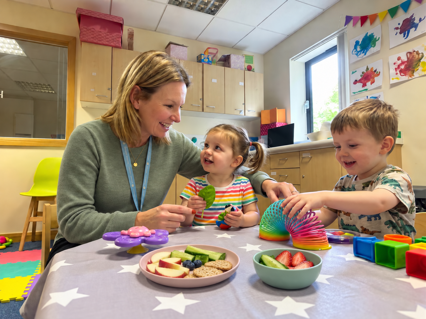 Iwona sharing a relaxed food exploration activity with two young children and nutritious child-friendly foods